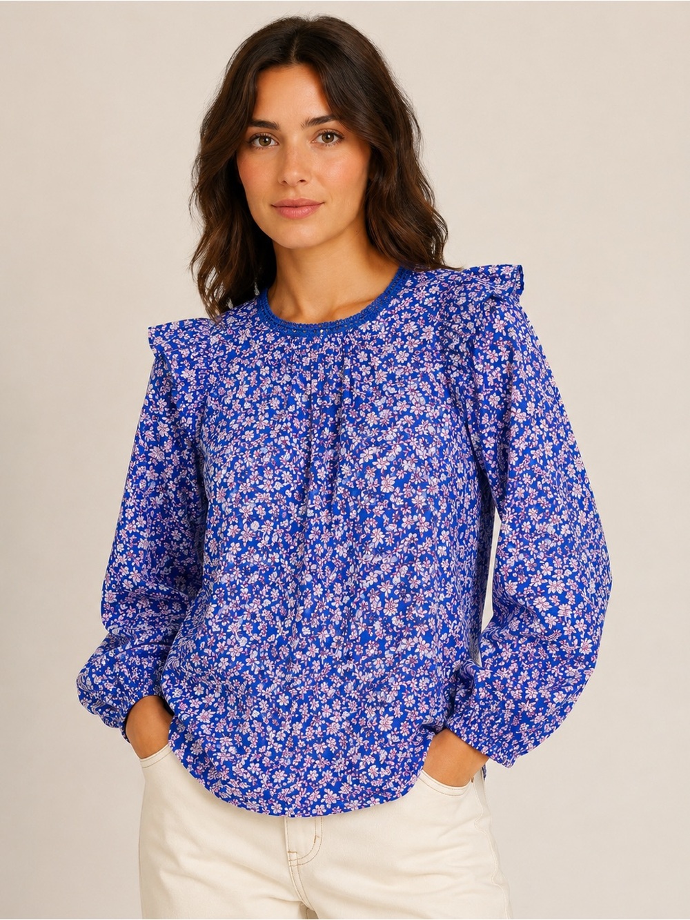 J. Crew Cobalt Blue Floral Ruffle-Trim Blouse